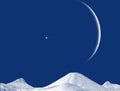Bright clear blue sky, a star, big moon crescent and mountains hills illustration in blue and white. Winter landscape.