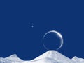 Bright clear blue sky, a star, lunar solar eclipse over mountains hills illustration in blue and white.