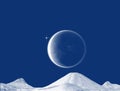 Bright clear blue sky, a star, lunar solar eclipse over mountains hills illustration in blue and white.