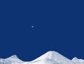 Bright clear blue sky, a star and mountains hills illustration in blue and white. Winter landscape in mountains.