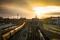 Bright cloudy sunset over old train station Ostrava railroad Royalty Free Stock Photo