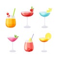 Bright Cocktail in Glass with Straw, Citrus and Berry as Alcoholic Refreshing Drink Vector Set