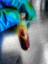 Bright coffee chemical inside a vial held by a hand with a blue safety glove