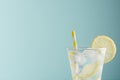 Bright cold transparent lemon cocktail with citrus slice, sparkling water, ice cubes, straw in misted glass in mint background.