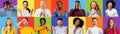Bright collage with different real emotions of millennial diverse men and women on colorful backgrounds