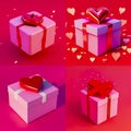 Bright Collage of Gift Boxes with Pink and Red Background. Gifts with Red Bows.