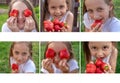 Bright collage of kids with strawberries. Summer concept. Strawberry Eyes. Copy space and mockup