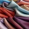 Bright collection of textile samples. Multicolor fabric texture background.