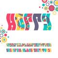 Bright color hippie 60s font, graphical decorative alphabet