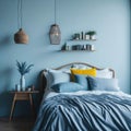 Bright Color Interior Bedroom, Cozy Large bed, Green Plant, Soft Light, Carpet, Wood Side tables with Decorations generative Ai