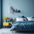 Bright Color Interior Bedroom, Cozy Large bed, Green Plant, Soft Light, Carpet, Wood Side tables with Decorations generative Ai