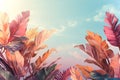 Bright color tropical leaves against a blue sky. Pastel tone background