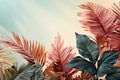 Bright color tropical leaves against a blue sky. Pastel tone background