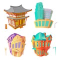 Bright color vector set illustrations old architecture Victorian epoch and Baroque, Chinese pagoda and modern high-rise