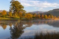 Bright colored autumn trees next to the water