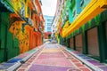 Bright colored backstreet with walls painted in graffiti style. Modern urban environment Royalty Free Stock Photo