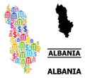 Vector Mosaic Map of Albania of Financial and Dollar Particles
