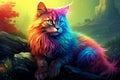 A bright colored cat is sitting on a mossy piece of wood