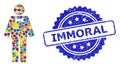 Rubber Immoral Stamp Seal and Bright Colored Mosaic Sad Man