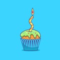 Bright colored cupcake with a candle on a blue background