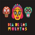 Bright colored decorative composition with Dia De Los Muertos inscription, Mexican calaveras or skulls, Catrina`s face