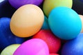 Bright colored Easter eggs piled together.