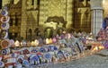 Bright colored Egyptian souvenirs for tourists in square near mosque. Bags, oriental colorful lamps.