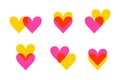 Bright colored hearts icon set. Hearts merged. Heart on heart. Flat style