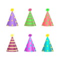 Bright, colored holiday caps on a white background. Hats in the shape of a cone for various happy holidays.