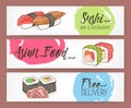 Bright colored horizontal banner templates with hand drawn sushi, rolls and ginger on white background. Vector