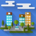 Bright colored illustration with cartoon graphic city houses with long shadows for use in design