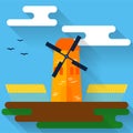 Bright colored illustration with cartoon windmill and wheat in trendy flat style with long shadows for use in design