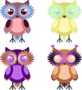 Bright colored owls with expressive eyes. Night birds. Vector graphics.