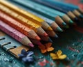 Bright colored pencils top view of school supplies on green, education pictures for website