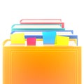 Bright colored realistic books in row with bookmarks and blank cover on white.