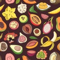 Bright colored seamless pattern with edible fresh juicy exotic tropical fruits on dark background. Backdrop with tasty