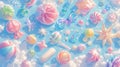 Bright colorful assortment of sweets and candies. Textures of sugar crystals and glossy coatings, fluffy cotton candy background.