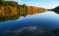 Bright colorful autumn forest landscape, trees near river and blue sky Royalty Free Stock Photo