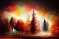 Bright colorful autumn forest in red shades. Mysterious forest. Bright colorful illustration. AI-generated