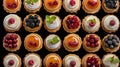 Bright colorful background of cupcakes decorated with fresh berries. Delicious and high-quality culinary products. Full frame.