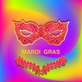 Bright colorful background with patterned mask Mardi Gras. Template cards banner or invitation