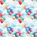 bright colorful balloons in the clouds, watercolor seamless pattern Royalty Free Stock Photo