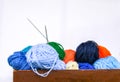 Bright colorful balls of yarn on white background. Royalty Free Stock Photo