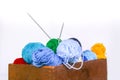 Bright colorful balls of yarn on white background. Royalty Free Stock Photo