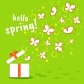 Bright colorful banner Hello Spring Cute doodle drawing butterfly on a green background Spring summer theme sale advertising eco Royalty Free Stock Photo