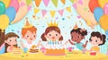 A bright and colorful birthday party filled with balloons streamers and a big birthday cake. The children are playing