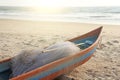 Bright colorful boats for fishing were on the shore of the Indian Ocean. India, Goa Royalty Free Stock Photo