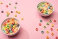 Bright colorful breakfast cereal with milk in bowls Royalty Free Stock Photo