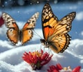 bright colorful butterflies on the snow. wonders of nature