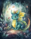 Bright and colorful cartoon dragon, kids storybook illustration, watercolor nursery art